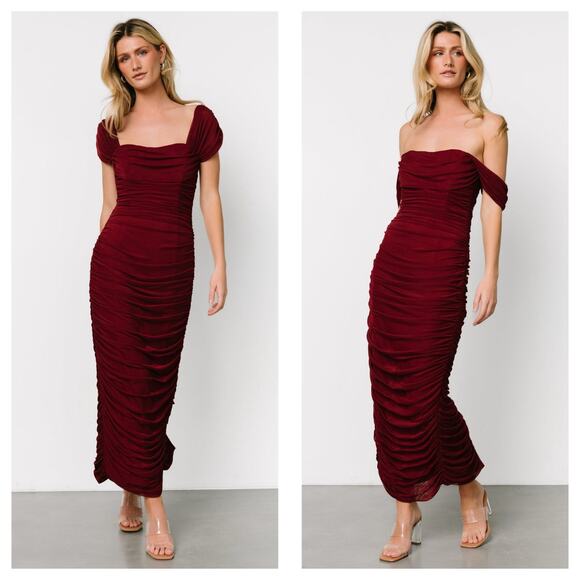 Baltic Born Dresses & Skirts - NWT Baltic Born Alessandra Mesh Midi Dress Size Large Burgundy Ruched Wedding